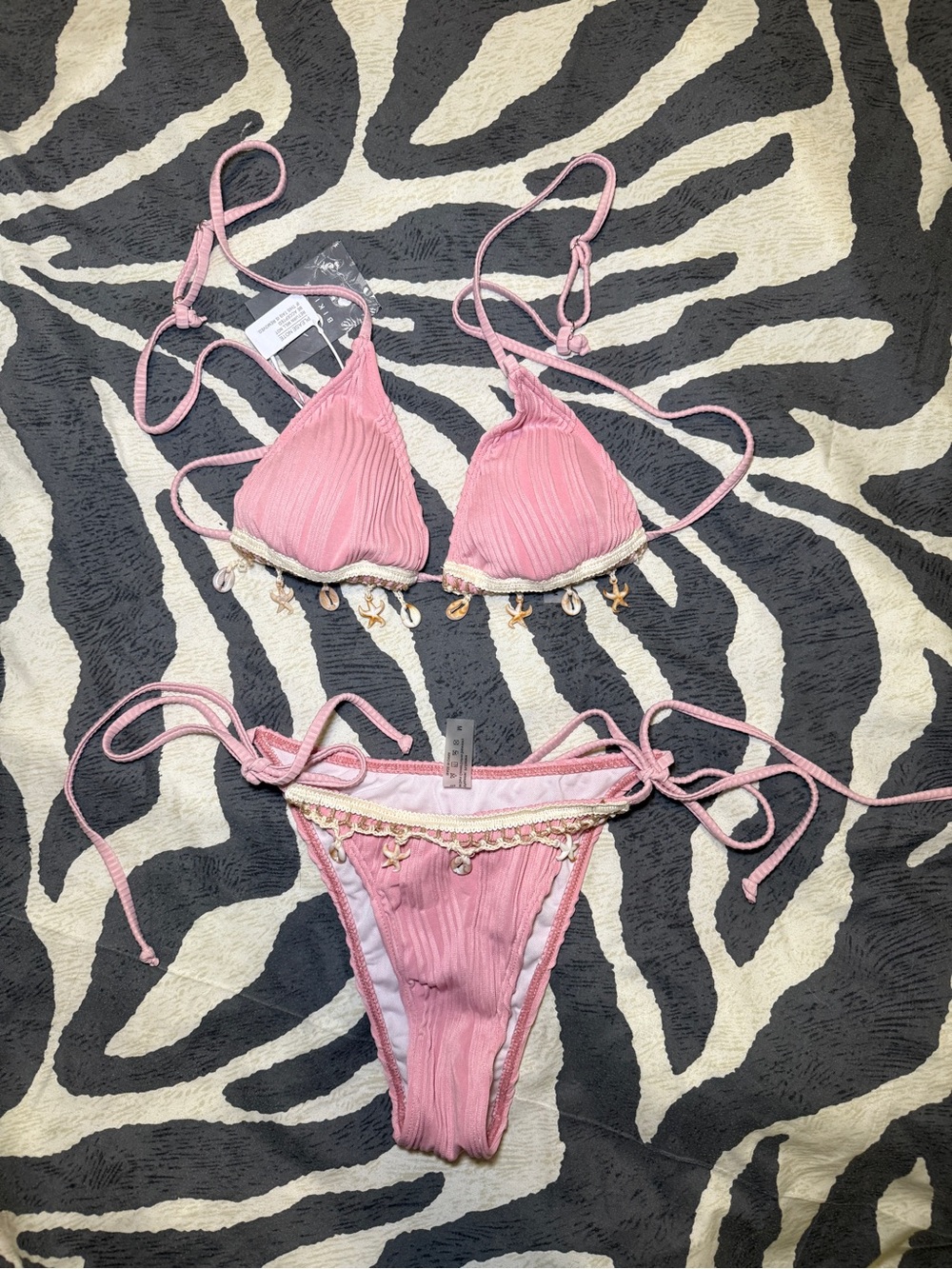 Pink Shell-Trim String Bikini Set